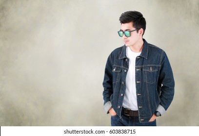 Closeup Asian Man Casual Outfits Standing In Jeans And Black Denim Shirt, Men Black Hair And Short Hair, Smiling And Wearing Jeans Jacket, Beauty And Fashion Concept, And Jeans Concept