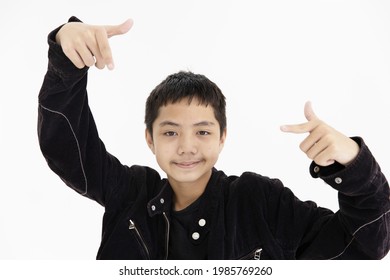 Closeup Asian Teen Boy Teenager Dancing Hiphop. Kids Enjoy Dance Hand Rising Greeting Happy Smile Funny Isolated On White Background.