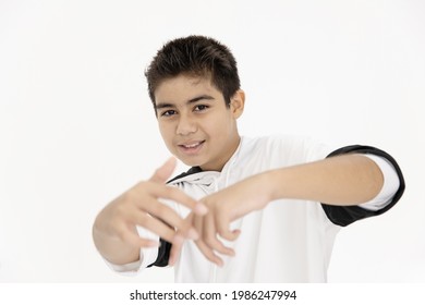 Closeup Asian Teen Boy Teenager Dancing Hiphop. Kids Enjoy Dance Hand Rising Greeting Happy Smile Funny Isolated On White Background.