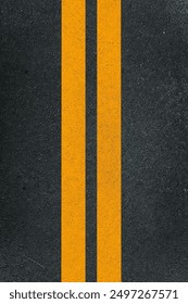 Close-up of an asphalt road with two parallel yellow lines, perfect for transportation and travel-themed advertising. Ideal for road safety campaigns, journey visuals, and traffic-related content
