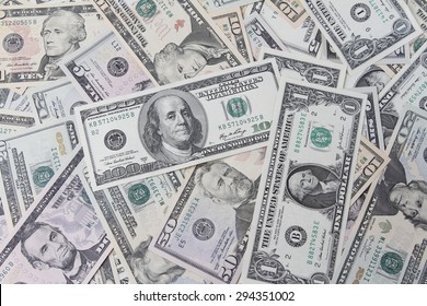 Closeup of assorted American banknotes