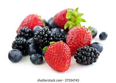 Closeup Of Assorted Fresh Berries Isolated On White Background