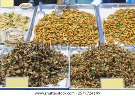 close-up of assorted fried insects, including crickets, silkworm pupae, and bamboo worms, displayed on trays at a local street market. 