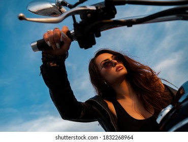 Closeup Attractive Woman Holding Hand Throttle On Motorbike