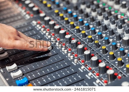 Closeup of audio mixer control panel