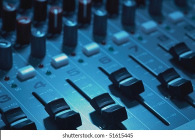 Closeup Of Audio Mixing Board Focus Of Fader Knob