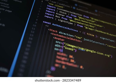 Close-up of authentication interface source code on a computer monitor with colorful syntax highlighting, illustrating secure login, software development, web programming, cybersecurity and digital technology.
