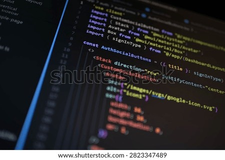Close-up of authentication interface source code on a computer monitor with colorful syntax highlighting, illustrating secure login, software development, web programming, cybersecurity and digital technology.