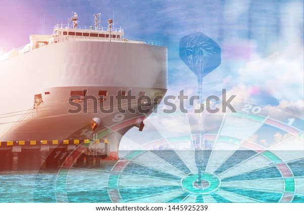 Closeup\
of Auto car carrier ship, logistics and transportation of\
international, ship moored alongside in the harbor with Dart target\
on dartboard for business import export\
concept.