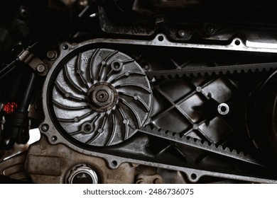 close-up of a Automatic Motorcycle Drive Systems and Belt. showing the complex components. Maintenance, Repairs and Expert Care for Motorbike - Powered by Shutterstock