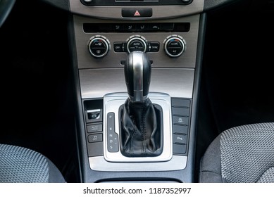 Closeup of automatic transmission inside car salon