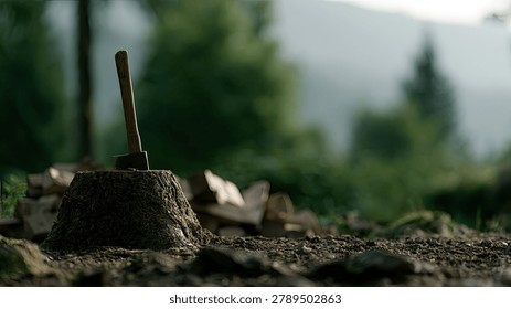 Close-up of an axe embedded in a weathered tree stump, with a blurred, misty forest background suggesting a serene, natural environment.
