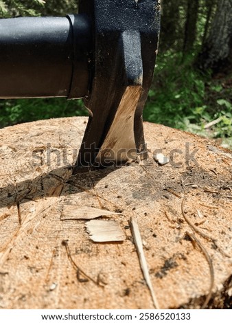 closeup of axe inside wood