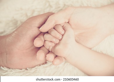 Closeup Of Baby Hand Into Parents Hands. Family Concept