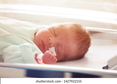 Close-up Of A Baby In ICU With Nose Tube Feeding