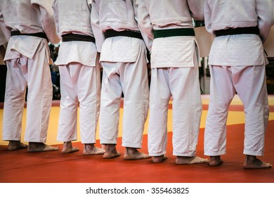 Closeup Back Group Athletes Of Judoists Standing Tatami For Judo