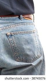 Closeup Of The Back Pocket Of A Man Wearing Jeans, Isolated On White.