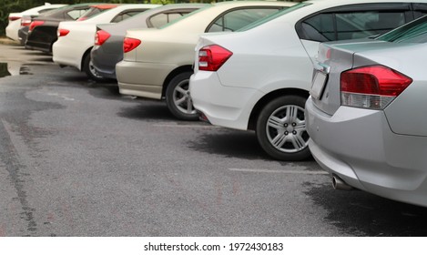 Closeup Of Back, Rear Side Of Silver Sedan Car And Other Cars Parking In Outdoor Parking Area In Sunny Day.