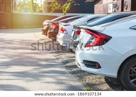 Close-up back view of white modern car with black trunk of row of cars and vans parked on asphalt on bright sunny day. Transportation and parking concept.