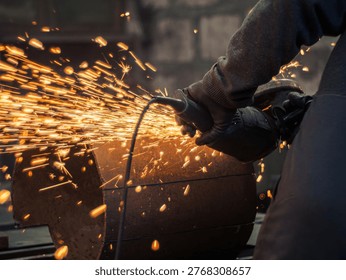 Close-up back view of worker grinding metal with angle grinder, creating bright sparks in workshop. Industrial manufacturing, steel fabrication, and manual labor concept. 