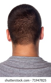 A Closeup Of The Back Of A Young Mans Head And Neck Isolated Over A White Background.