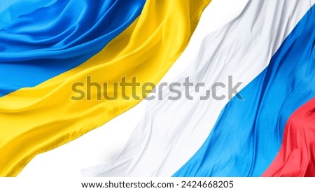 Close-up background 21:9 flags of Ukraine and Russia. War. Conflict. Peace. Banner for website, desktop wallpaper, space for copy text and advertising, blank, empty, white, free space