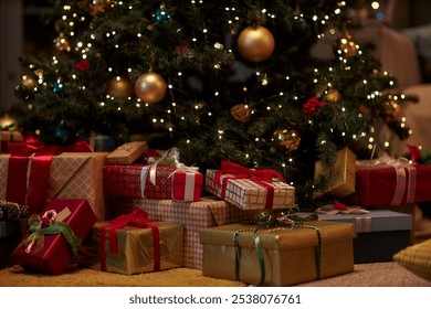 Closeup background image of Christmas presents piled under Christmas tree in gold and red traditional festive colors copy space - Powered by Shutterstock