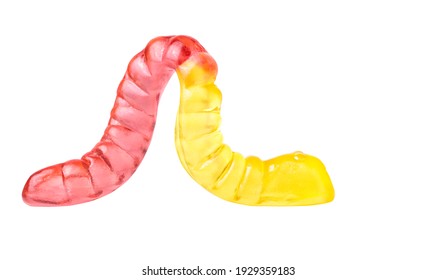 Close-up Of A Backlit Red-yellow Gummy Worm Isolated On White.