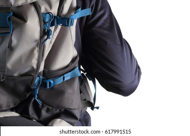 Close-up of backpack on man back isolated on white background. Traveler with blue backpack closeup.