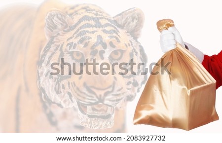 A close-up of a bag of gifts for Christmas and new year tiger - the symbol of 2022
