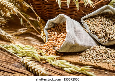 Closeup of bags with cereal grains