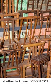 Close-up Of Bamboo And Rattan Chairs In A Thrift Furniture Store