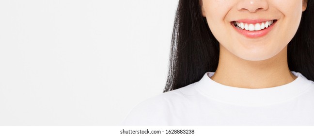 Closeup Banner Smiling Asian Woman Mouth And White Healthy Teeth With Whitening Treatment Isolated On White Background. Dental Women Tooth Care. Beautiful Healthy Smile Close-up.