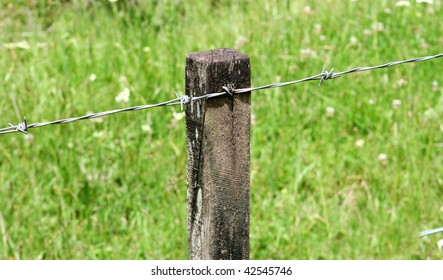 Close-up of a barbed wire fence post - farming image. - Shutterstock ID 42545746