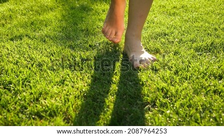 Closeup of barefoot woman walking on grass lawn at park. Concept of healthy lifestyle, freedom and relaxation in nature.