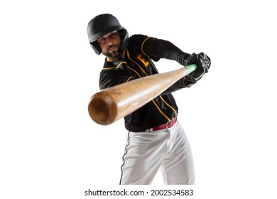 Close-up baseball player, pitcher in a black white sports uniform practicing isolated on a white studio background. Young sportsman in action. Competition, show, movement and team sport concept. - Powered by Shutterstock