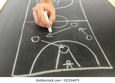 Closeup of basketball coach drawing game strategy on black board. - Powered by Shutterstock