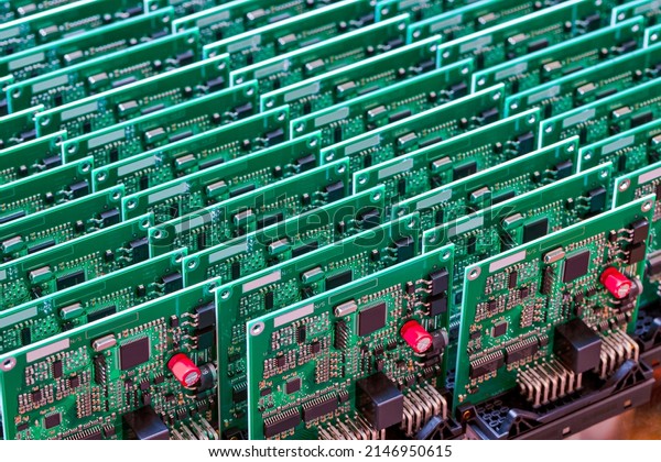 Closeup of Batch or Line of Ready ABS Automotive\
Printed Circuit Boards with Placed Soldered Surface Mounted\
Components.Horizontal\
Shot