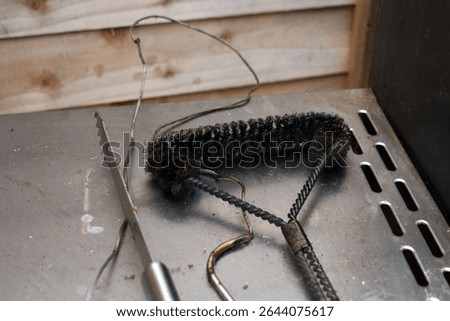 Close-up of BBQ tools including a grill brush, tongs, and a meat thermometer wire on a metal surface. Wooden fence in the background hints at an outdoor grilling setup.