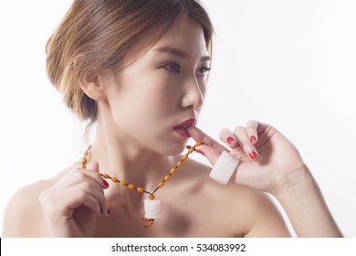 Closeup Beautiful Asian Girls Wear Jade Jewelry.