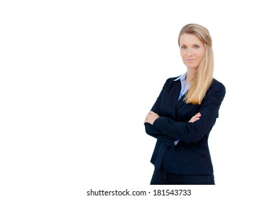 Close-up of beautiful blond young business woman smiling with arms crossed against white background, Copy space.