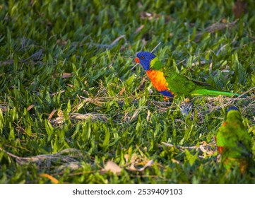 A closeup of a beautiful rainbow Lorikeet feeding in grass with mate - Powered by Shutterstock