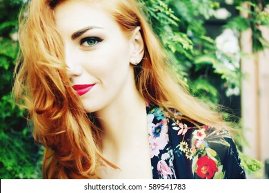 Closeup Of Beautiful Red Haired Woman With Matt Red Lips And Eye Makeup, Eyeliner. Photo Toned Style Instagram Filters. Bohemian, Bo-ho Style, Indie Hippie, Ring, Bracelet.