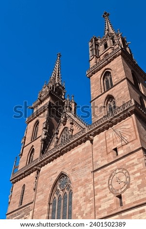 Closeup of beautiful red sandstone church of Basel Minster Switzerland 
