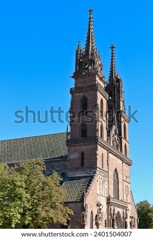 Closeup of beautiful red sandstone church of Basel Minster Switzerland 