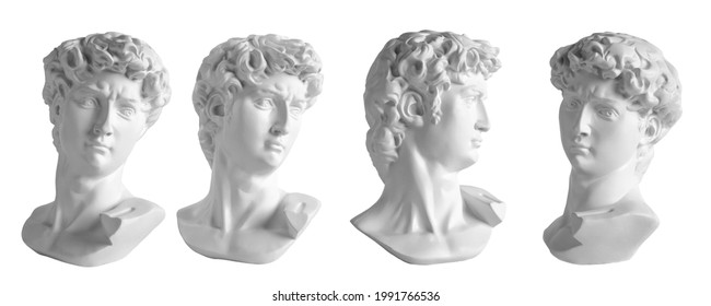 Closeup of  beautiful sculpture, gypsum bust of a Michelangelo's David isolated over a white background
