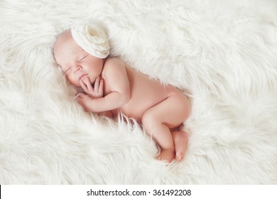 Close-up Beautiful Sleeping Baby Girl. Newborn Baby Girl, Asleep On A Blanket. A Portrait Of A Beautiful, Seven Day Old, Newborn Baby Girl Wearing A Large, Fabric Rose Headband. Closeup Photo