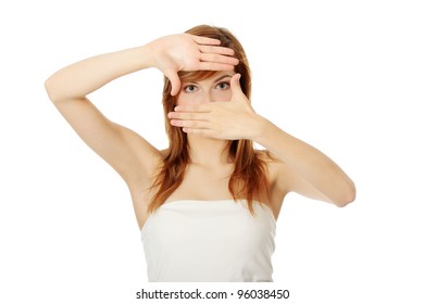 Closeup Of Beautiful Teen Woman Making Frame On Her Face With Her Hands