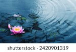 closeup of a beautiful water liliy plant underwater in a pond on a rainy summer day, nature scene background concept with copy space for spa, garden and relaxation