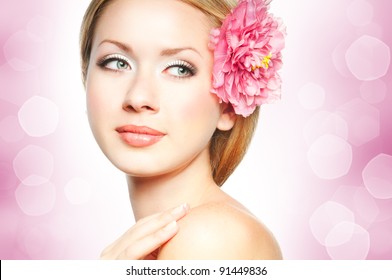 Closeup Beautiful Woman Face With Flower